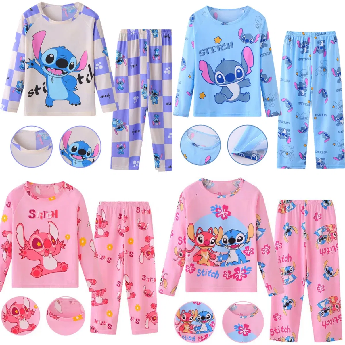 Color: Dark Grey, Kid Size: 4T - 2pcs/set New Disney Stitch Children Pyjamas for Boys and Girls Sets Kid Minnie Home Wear Travel Casual Sleepwear Suit Cute Gift