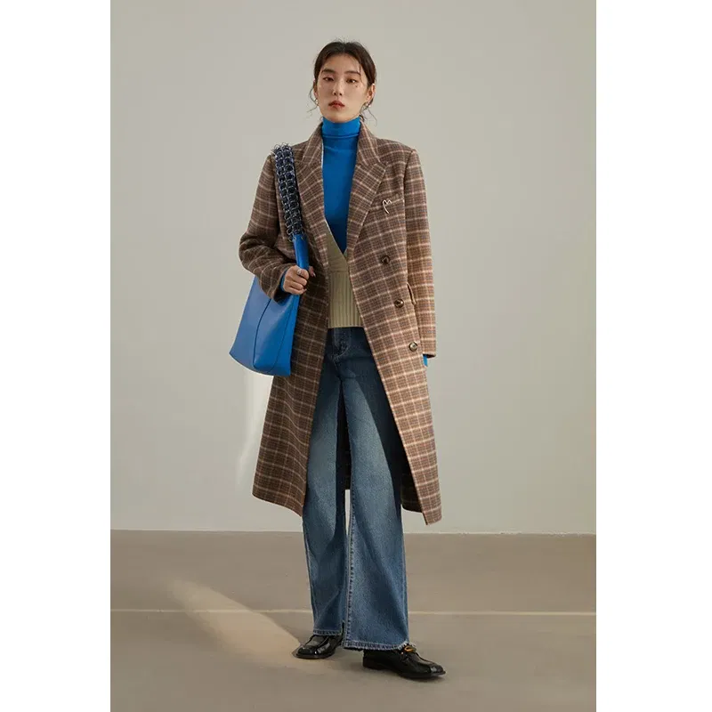 Color: camel, Size: L - DUSHU Women Long Woolen Coats British Style Suit Collar Wool Jacket Women Brown Plaid Wool Coats