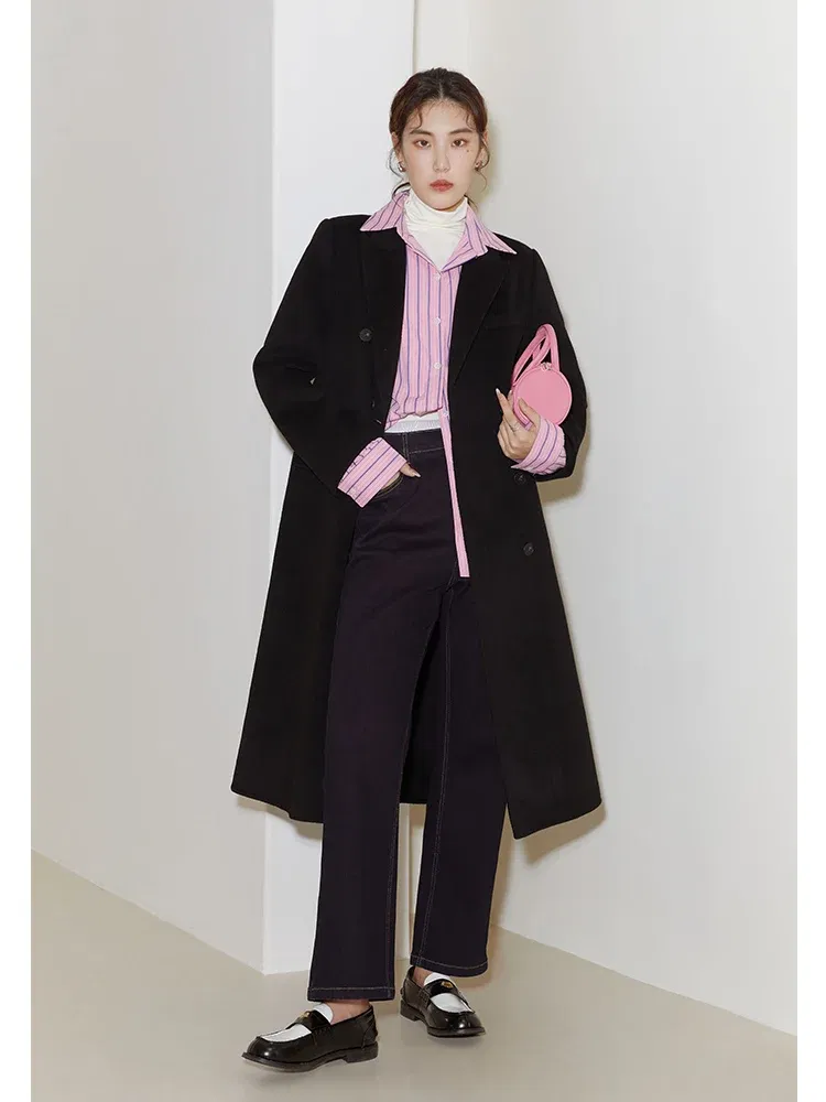 Color: camel, Size: L - DUSHU Women Long Woolen Coats British Style Suit Collar Wool Jacket Women Brown Plaid Wool Coats