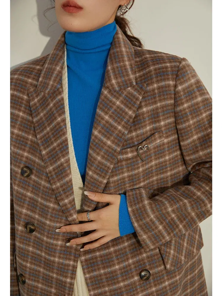 Color: camel, Size: L - DUSHU Women Long Woolen Coats British Style Suit Collar Wool Jacket Women Brown Plaid Wool Coats