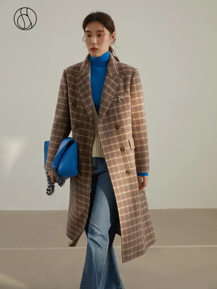Color: camel, Size: L - DUSHU Women Long Woolen Coats British Style Suit Collar Wool Jacket Women Brown Plaid Wool Coats
