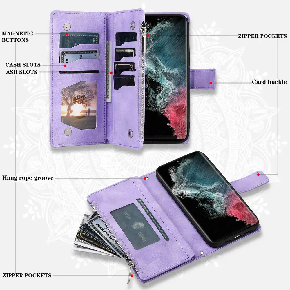 Color: green, Material: EVA - S 23 S24 Ultra 5G Leather Case for Samsung Galaxy S23 Ultra Flip Cover Zipper CrossBody Book Funda S 24 Plus S23 FE Wallet Etui