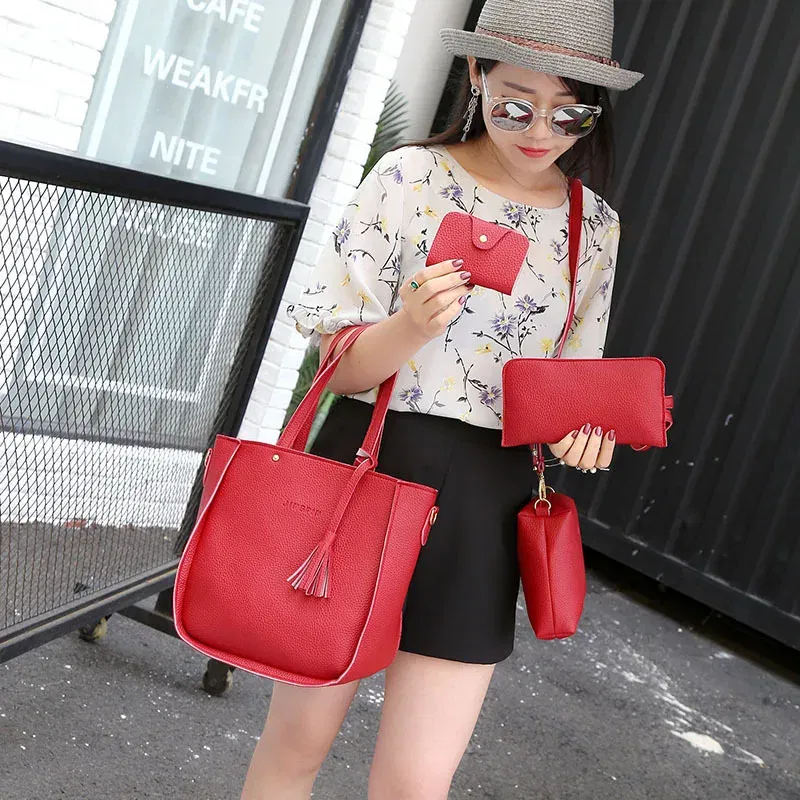 Color: GRAY - 4pcs Elegant Minimalist Women'S Shoulder Bag, Handbag, Crossbody Bag, Women Storage Bag, Holiday Gift, Synthetic, Zipper Closure