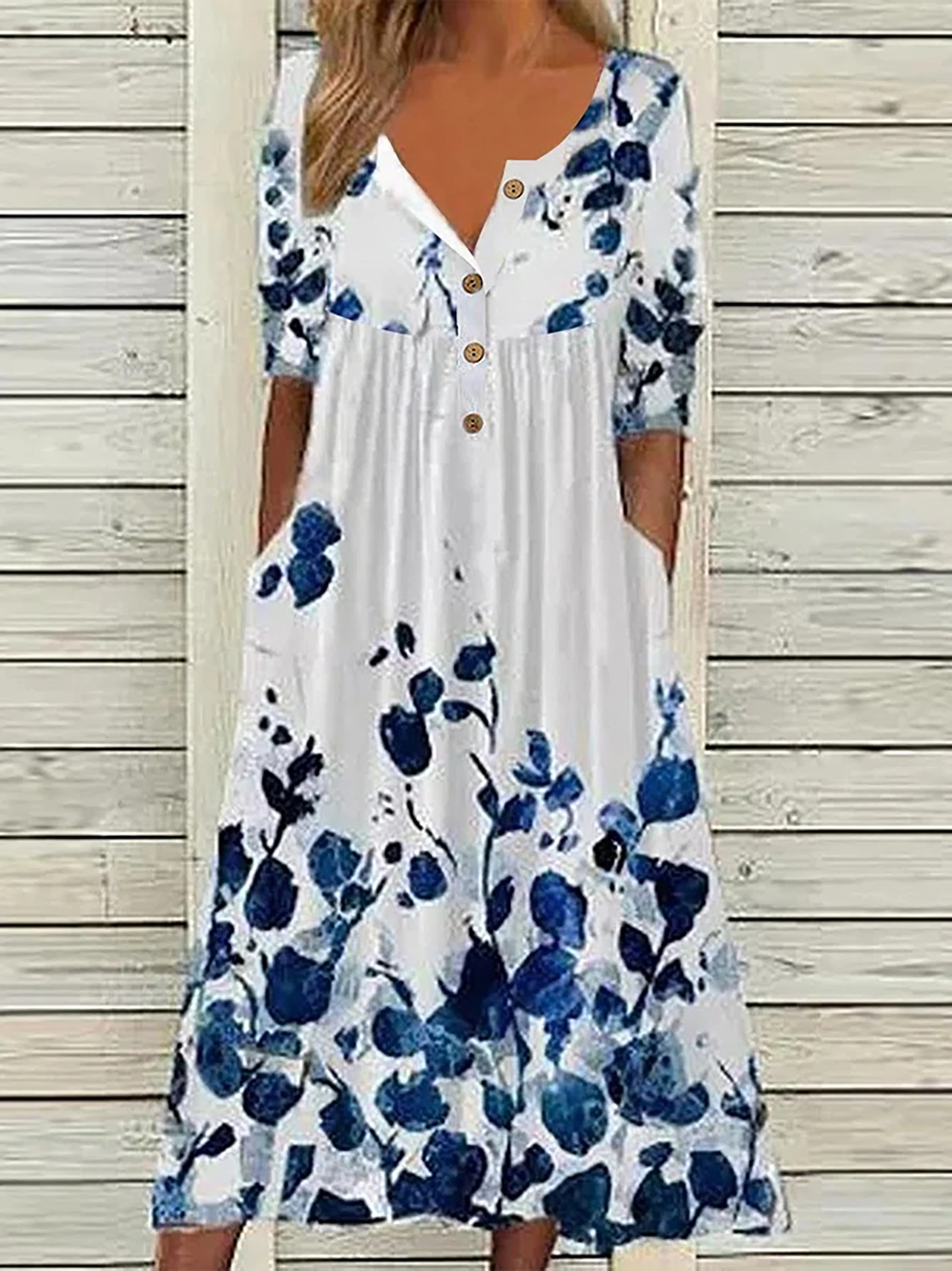 Color: Blue, Size: 5XL - 2024 Europe and the United States spring new fashion printed V-neck button short sleeve plus size women's size women's pocket