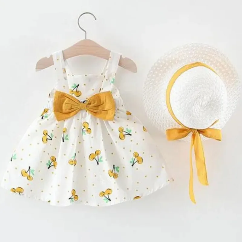 Color: Yellow, Kid Size: 2T - 1Pc Kids Girl Summer Sleeveless Dress Cute Print Bow Casual Dress with Straw Hat