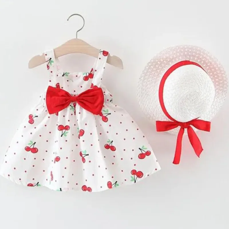 Color: Yellow, Kid Size: 2T - 1Pc Kids Girl Summer Sleeveless Dress Cute Print Bow Casual Dress with Straw Hat