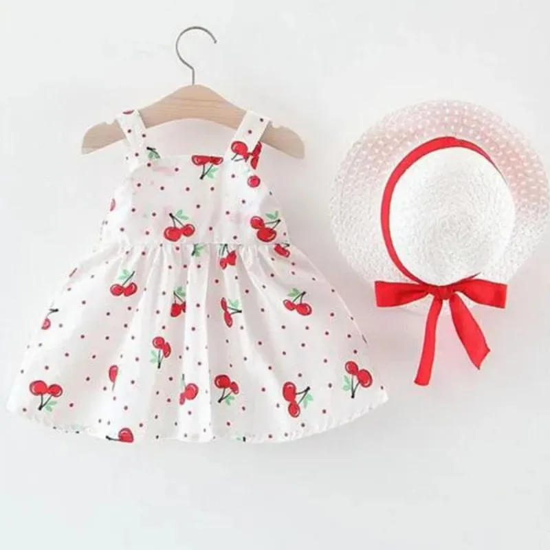 Color: Yellow, Kid Size: 2T - 1Pc Kids Girl Summer Sleeveless Dress Cute Print Bow Casual Dress with Straw Hat