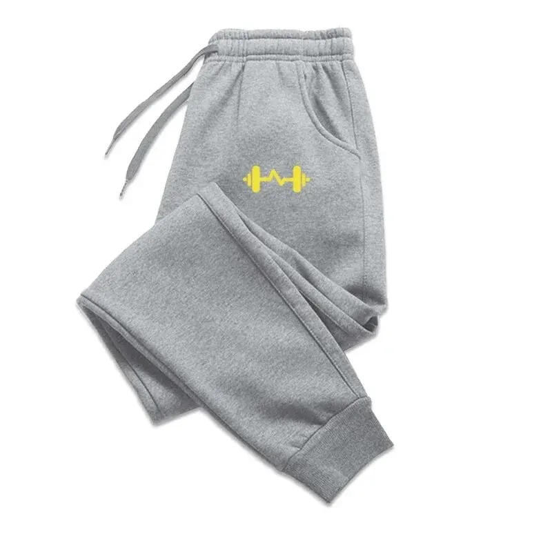 Size: S, Color: black - 2024 Barbell Printed Fleece Men's Trousers Autumn Winter Pants Fashion Drawstring Casual Male Sweatpants Jogging Sports Pants