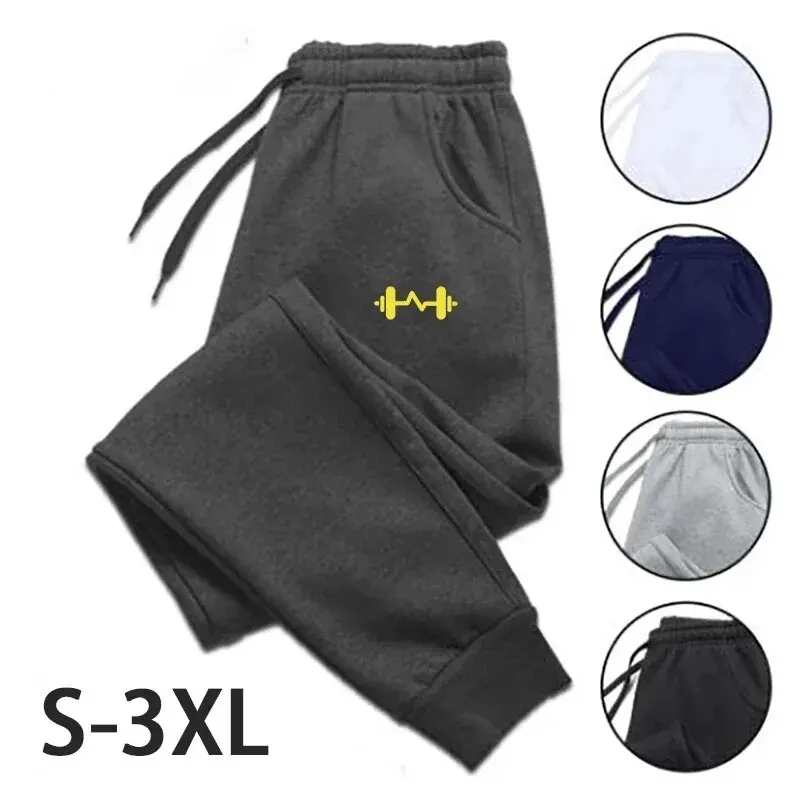 Size: S, Color: black - 2024 Barbell Printed Fleece Men's Trousers Autumn Winter Pants Fashion Drawstring Casual Male Sweatpants Jogging Sports Pants
