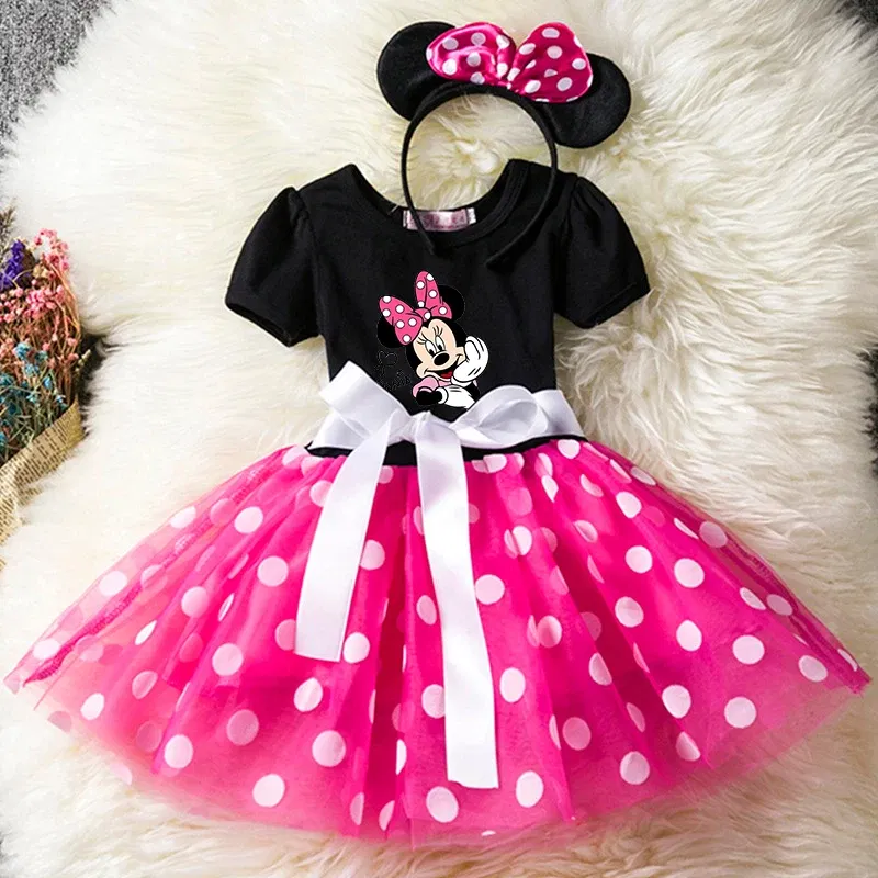 Color: Blue, Size: XS - Cartoon Mickey Minnie Mouse Kids Short Sleeve Polka Dot Princess Dress 1-6Y Party Baby Girls Clothes Cosplay Costumes