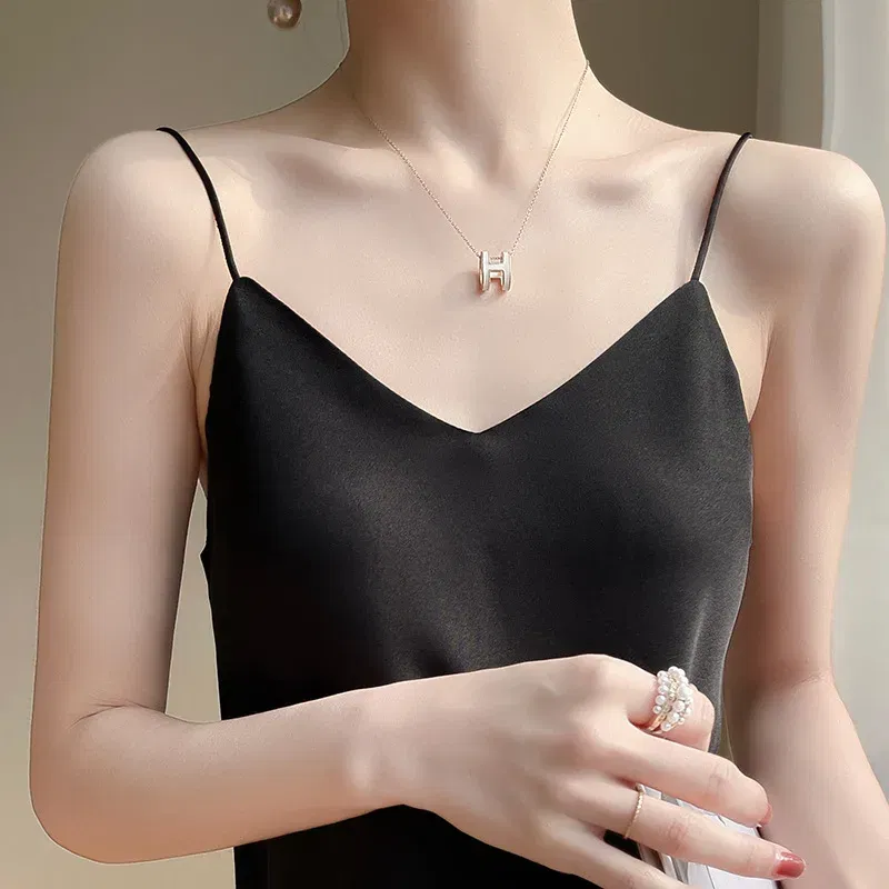 Color: army green, Size: M - Fashion Silky Camisole Women's Inner With White Bottoming Satin Top Summer V-neck Thin Section