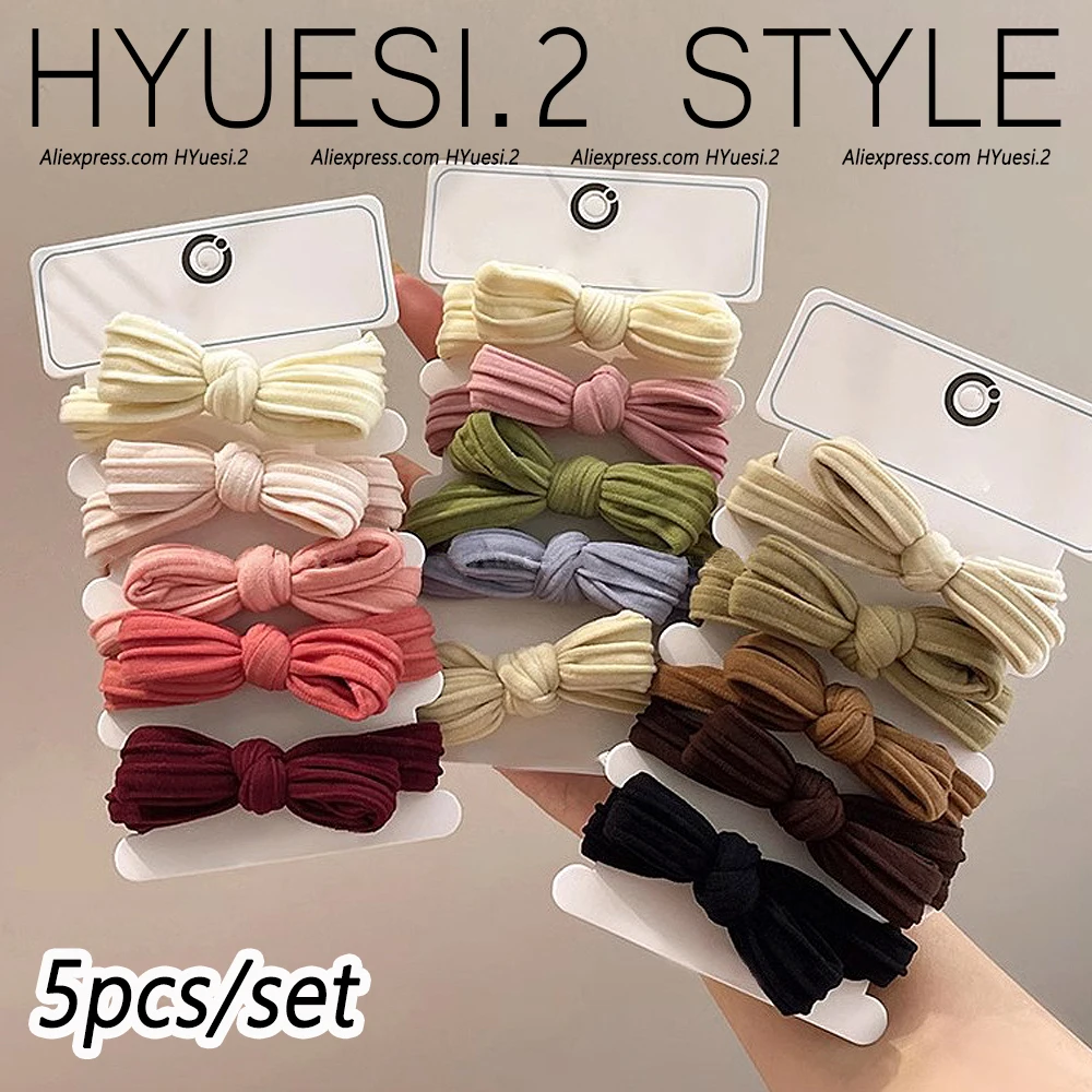 Color: Dark Grey - 5pcs/Set Simple Bow Hair Ties Ropes Colorful Elastic Seamless Ponytail Holder Rubber Band For Toddler Girls