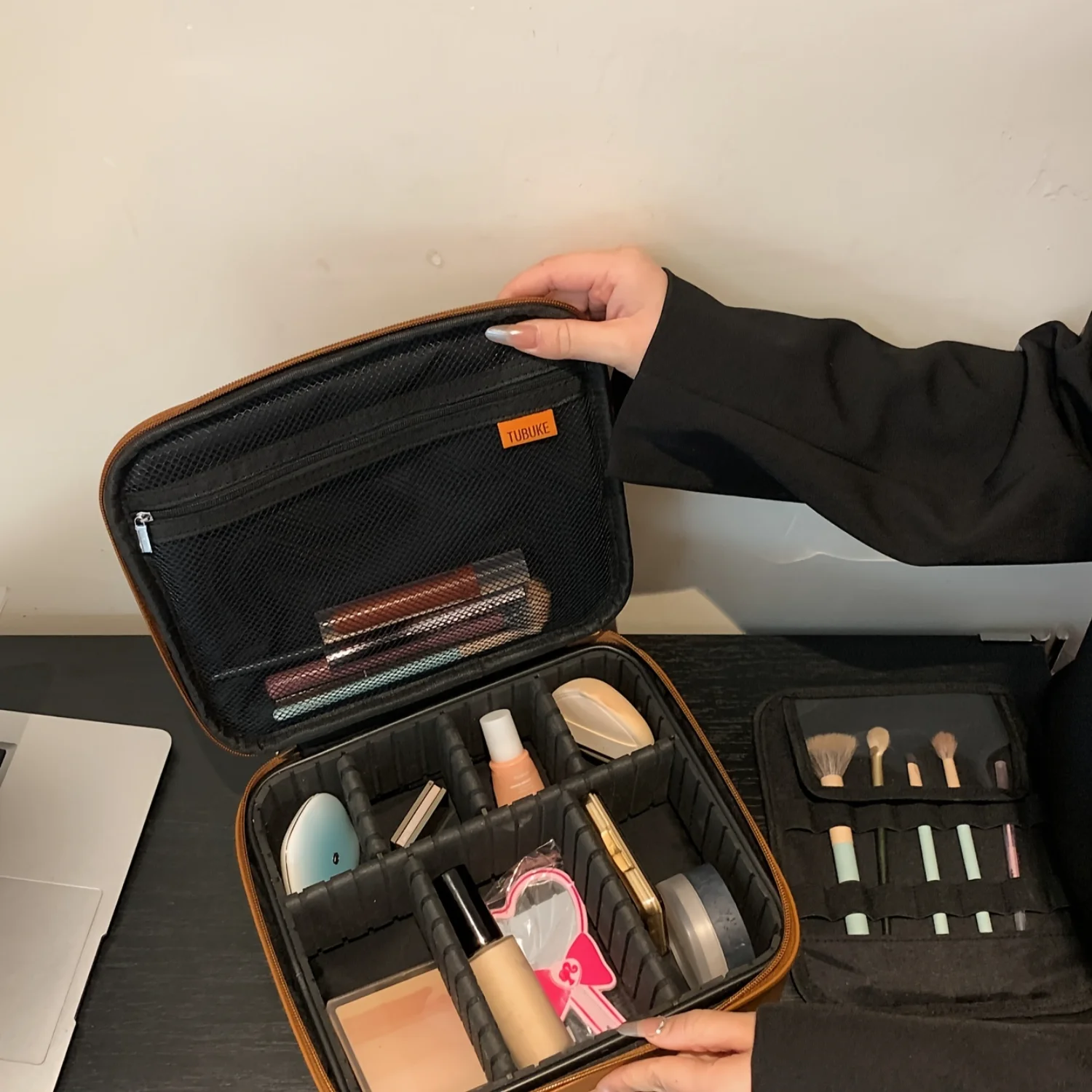 Color: Light Grey, Ships From: CHINA - PU Leather Makeup Bag With Dividers, Portable Travel Cosmetic Organizer, Square Toiletry Organizer