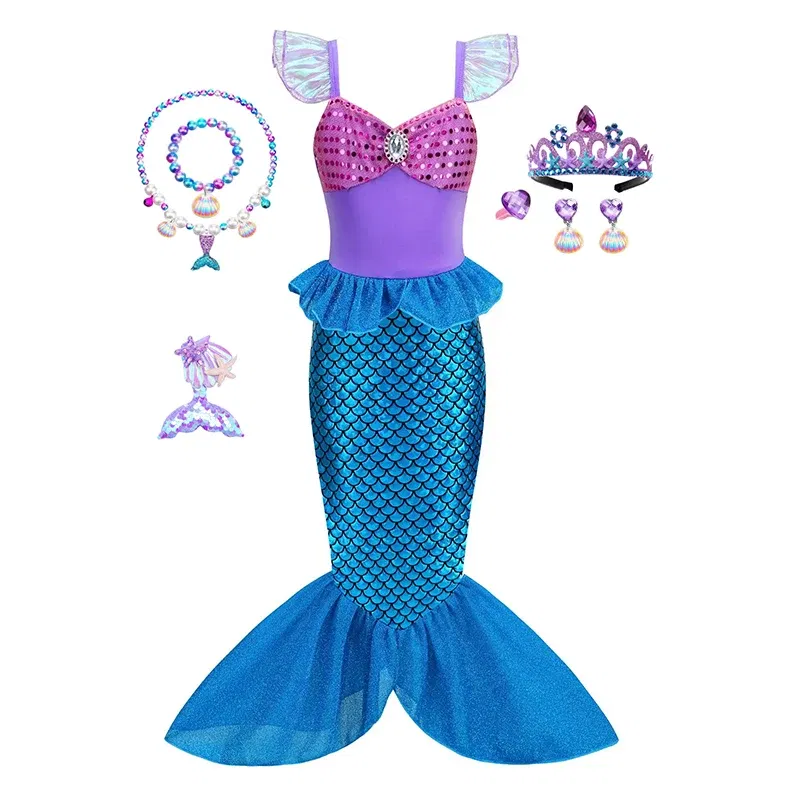 Color: SKY BLUE, Kid Size: 4T - Disney Little Mermaid Ariel Costumes for Girls Princess Dress Cosplay Halloween Carnival Kids Birthday Party Dress Up Clothing