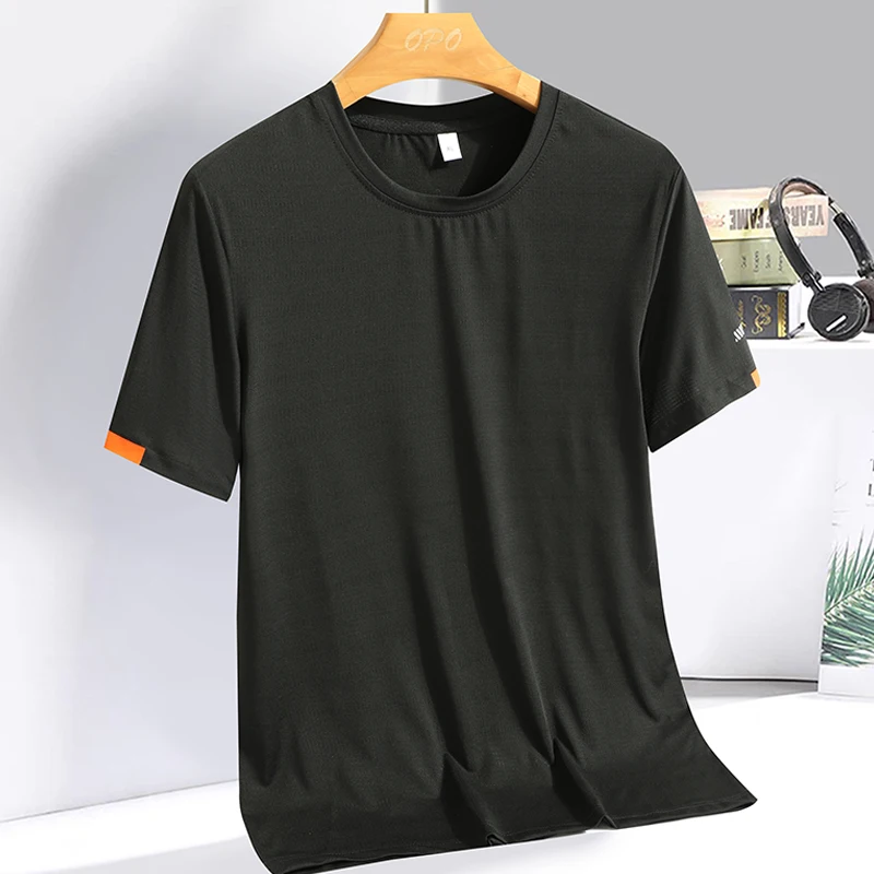Color: black, Size: 5XL - Men's Silk Ice Round Collar T-shirt, Simple Running Fitness Suit, Breathable Thin T-shirt, Quick Dry T-shirt, Summer