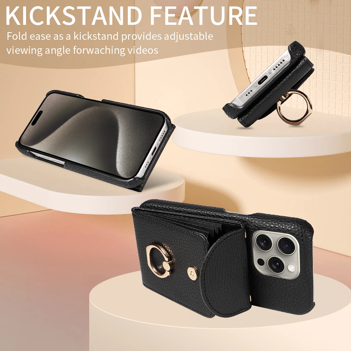 Color: Beige, Compatible-Phone Models: For iPhone 16 Pro, Bundle: Case & Strap, Material: Artificial Leather - High Quality Ring Stand Lychee Pattern Phone Case for IPhone16promax15 14 13 Crossbody with Lanyard PU Leather Anti-fall Cover