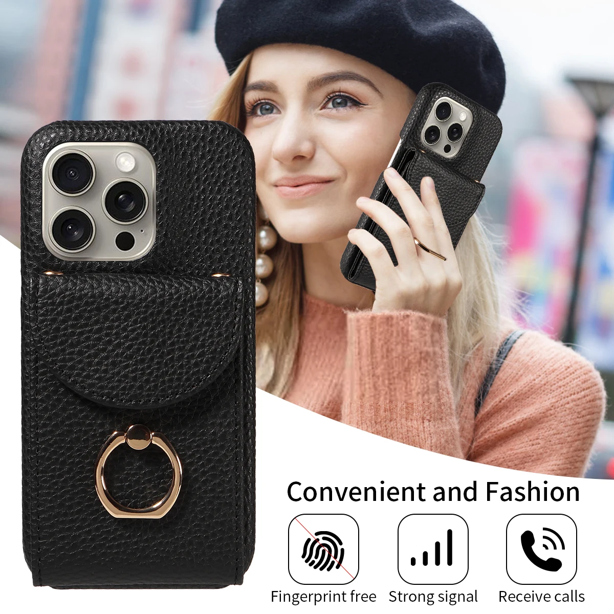 Color: Beige, Compatible-Phone Models: For iPhone 16 Pro, Bundle: Case & Strap, Material: Artificial Leather - High Quality Ring Stand Lychee Pattern Phone Case for IPhone16promax15 14 13 Crossbody with Lanyard PU Leather Anti-fall Cover