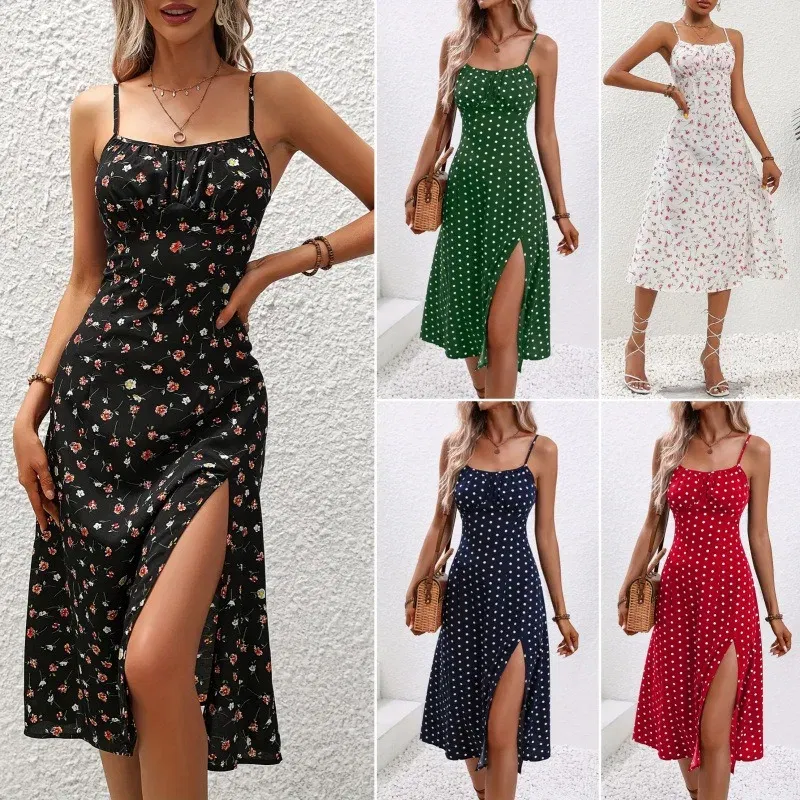 Color: Gold, Size: S - 2025 Summer Sexy Spaghetti Straps Dress Women Fashion Polka Dot Print Sleeveless Slit Dress Boho Casual Beach Midi Dresses