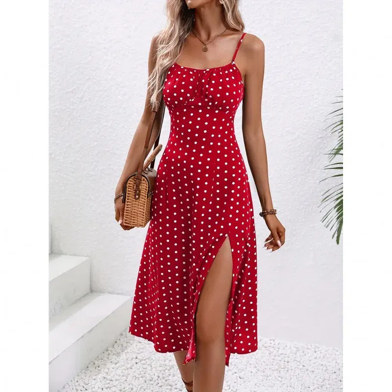 Color: Gold, Size: S - 2025 Summer Sexy Spaghetti Straps Dress Women Fashion Polka Dot Print Sleeveless Slit Dress Boho Casual Beach Midi Dresses