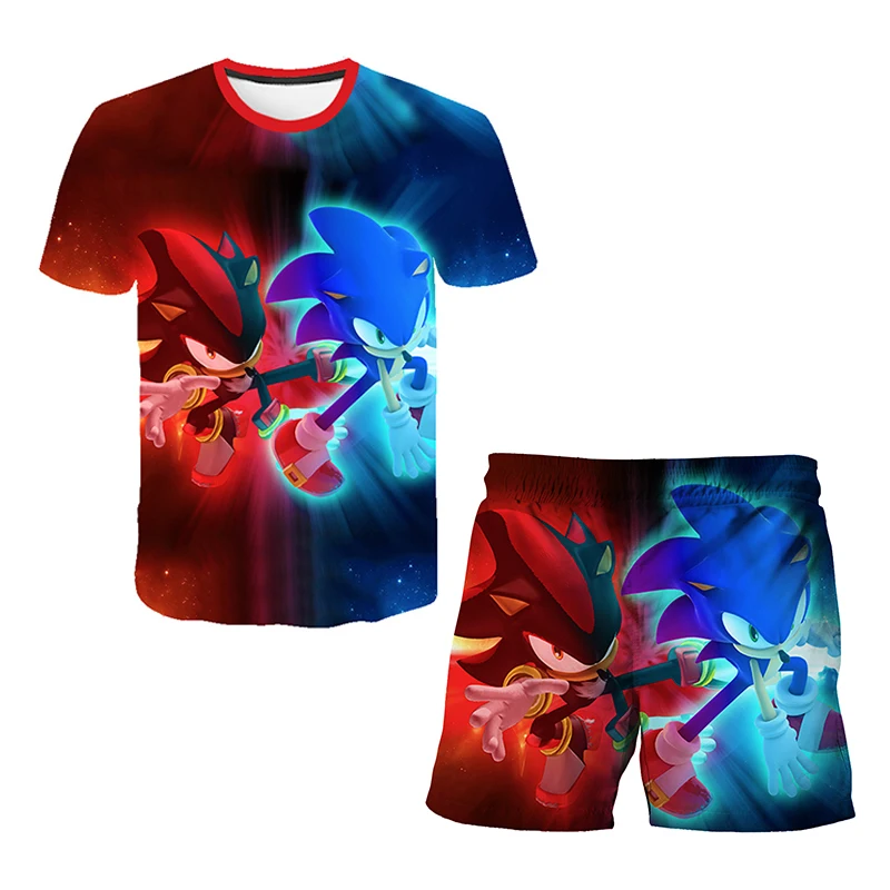 Color: Clear, Size: M - New Japanese cartoon Sonic T-shirt children's top T-shirt shorts two-piece set summer boy cartoon cute T-shirt+beach pants