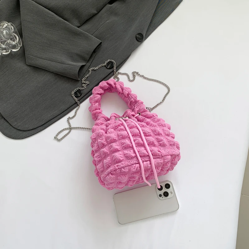 Color: Beige - Pearl puff fashion pop bucket bag pleated lines dopamine color youth smell girlishness sweet casual