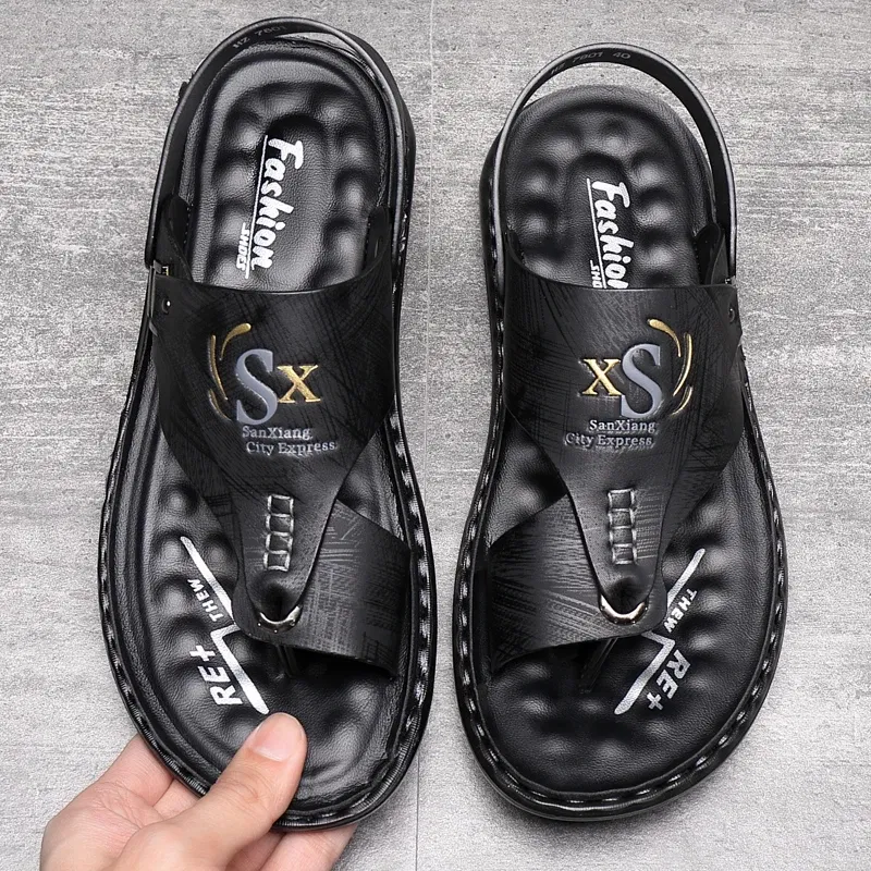 Color: black, Shoe Size: 42 - Summer Men Sandals Casual  Genuine Leather Leisure Sandals Designer Shoes Men
