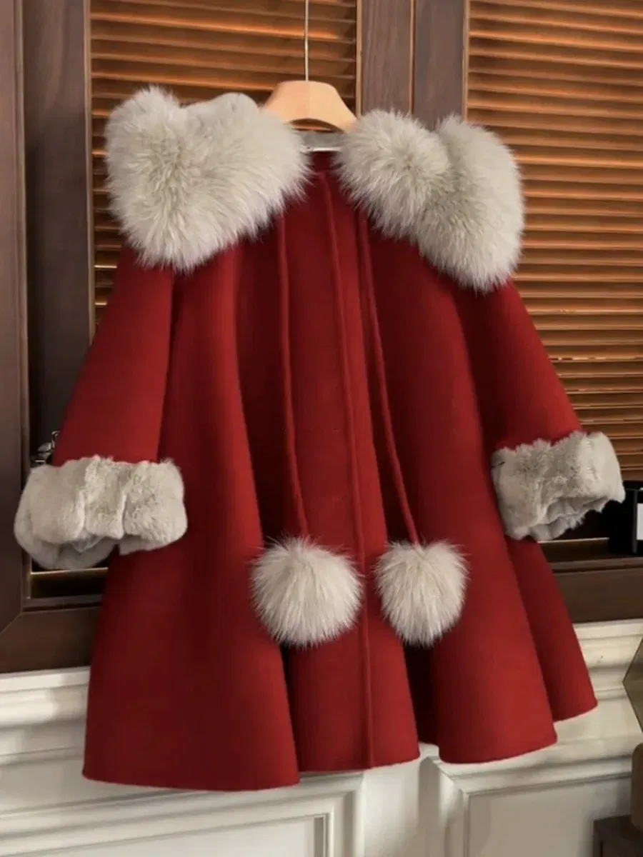 Color: Red, Kid Size: 4T - autumn winter red Big fur collar baby girls wool long coats child Christmas Thick velvet outwear kids New Warm jacket overcoat