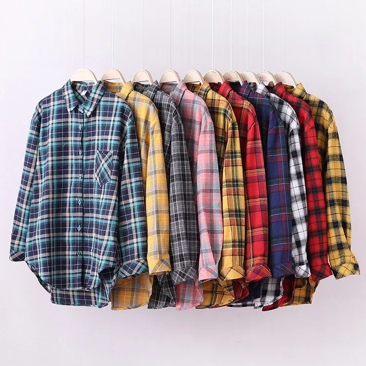 Color: Dark Purple, Size: S - Fresh Flannel Plaid Shirt Women 2025 New Female Blouses and Tops Cotton Loose Long Sleeve Casual Shirts Fine Women's Clothes