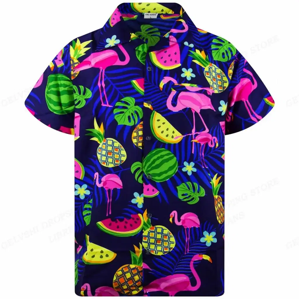Color: Brown, Size: XXL - Flamingo Hawaiian Shirts Beach Summer Men's Shirt Tropic Leaf 3D Print Shirts Men Women Fashion Blouse Short Sleeve Vocation