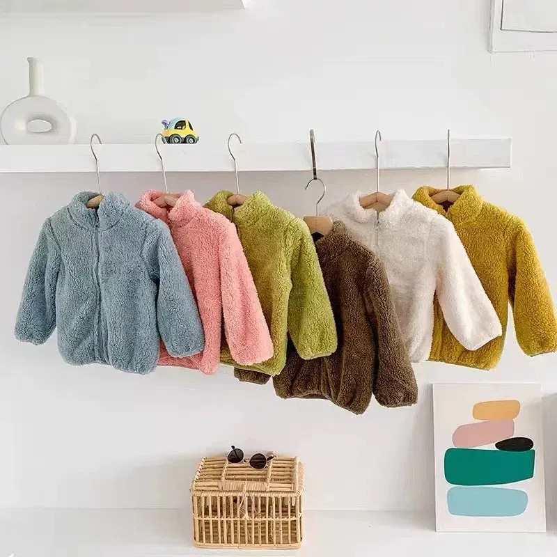 Color: SKY BLUE, Kid Size: 24M - Child Autumn Winter Costume Solid Color Outerwear Casual Loose Long Sleeve Tops Plush Jacket Boys Girls Fashion Simple Coats