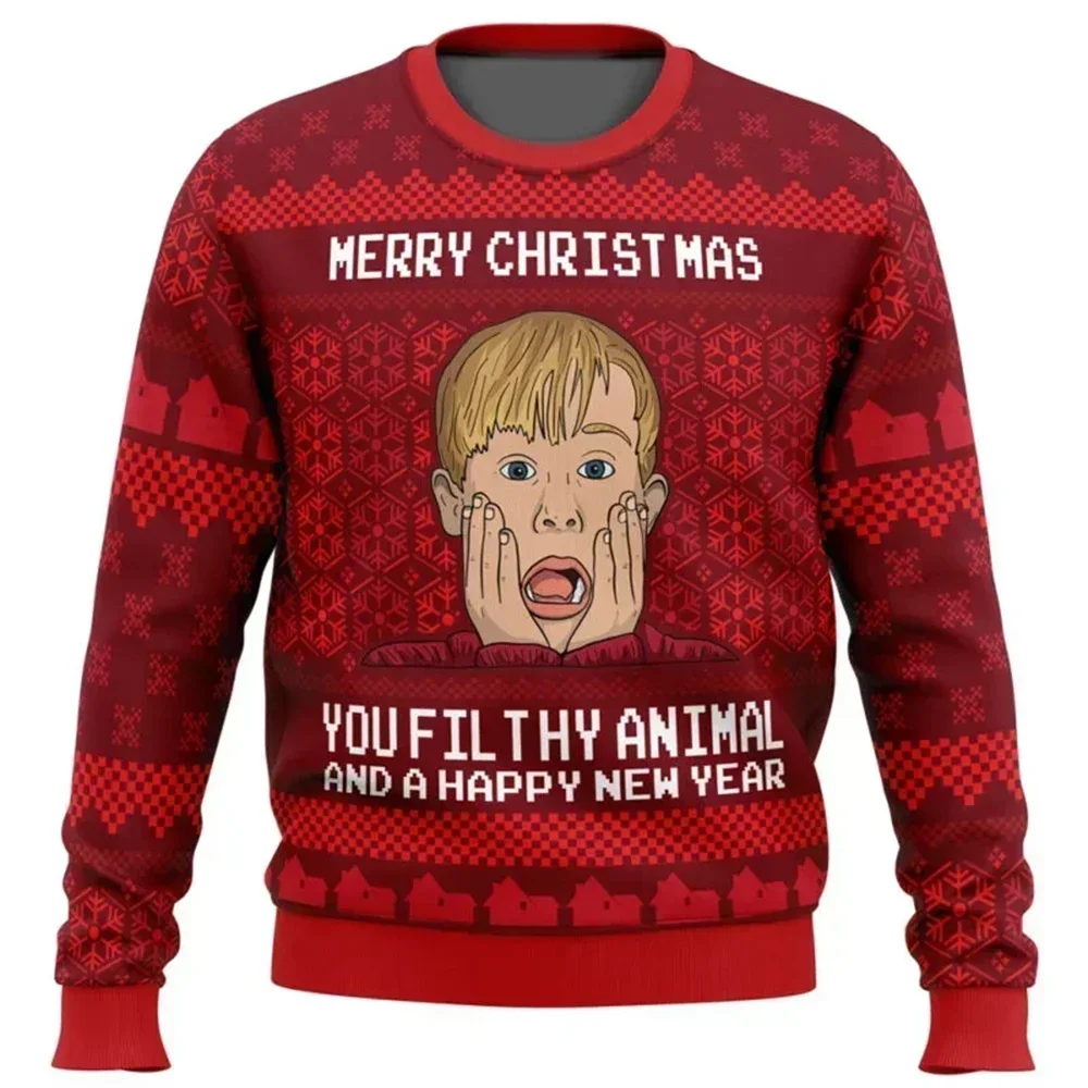 Color: SKY BLUE, Size: L - Home Alone Ugly Christmas Sweater Men Women Pullover Hot Sale Round Neck Long Sleeve Top Christmas Clothing 3D Funny Printed