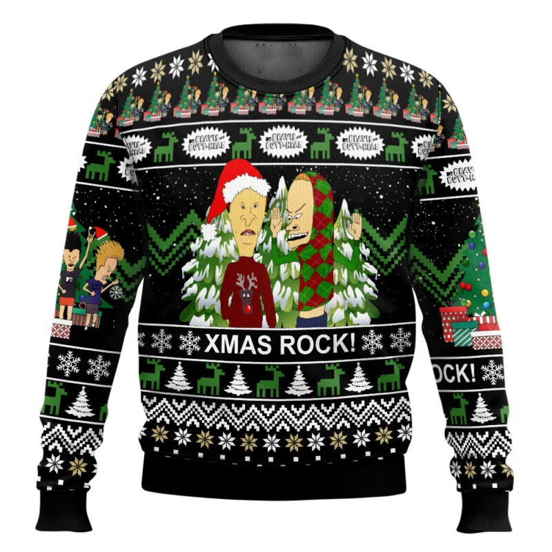 Color: SKY BLUE, Size: M - Xmas Rock Beavis and Butthead Ugly Christmas Sweater Cartoon Anime Women Men Pullover Tops New Fashion Couple Hoodie Sweatshirt