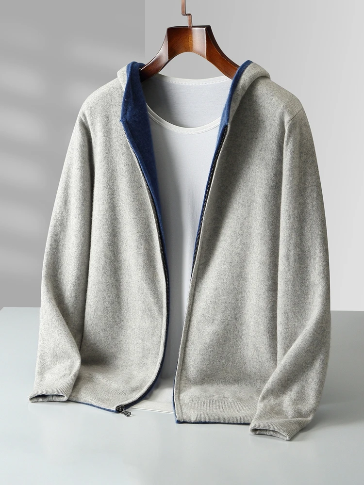 Color: Dark Grey, Size: XXL - Reversible Men's Wool Cardigan Sweater Autumn Winter Hooded  Solid 100% Merino Wool Knitted Casual Simple Man Jackets Thick Warm