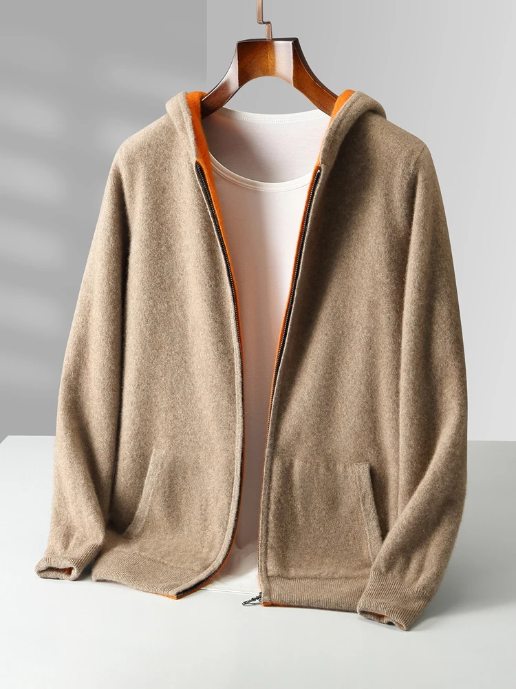 Color: Dark Grey, Size: XXL - Reversible Men's Wool Cardigan Sweater Autumn Winter Hooded  Solid 100% Merino Wool Knitted Casual Simple Man Jackets Thick Warm