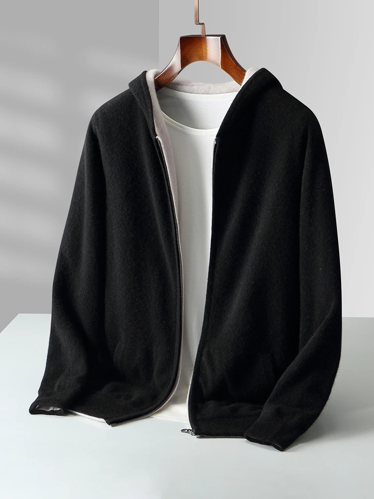 Color: Dark Grey, Size: XXL - Reversible Men's Wool Cardigan Sweater Autumn Winter Hooded  Solid 100% Merino Wool Knitted Casual Simple Man Jackets Thick Warm