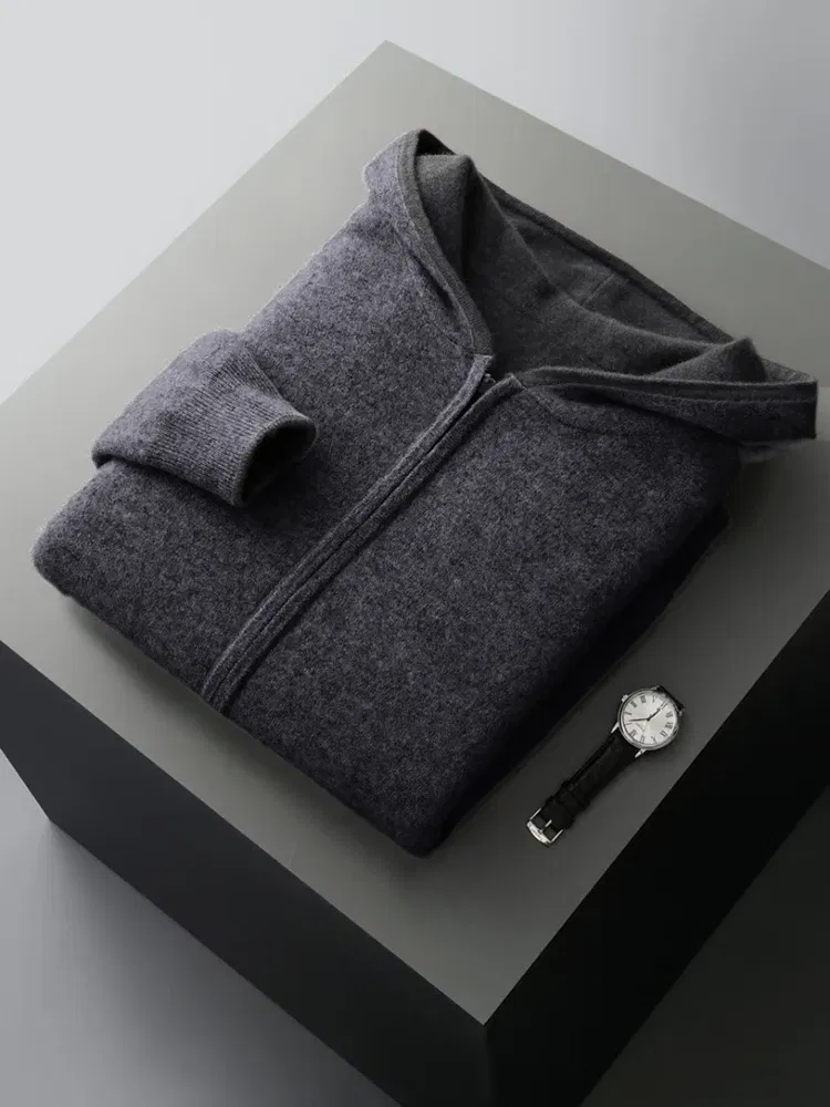 Color: Dark Grey, Size: XXL - Reversible Men's Wool Cardigan Sweater Autumn Winter Hooded  Solid 100% Merino Wool Knitted Casual Simple Man Jackets Thick Warm