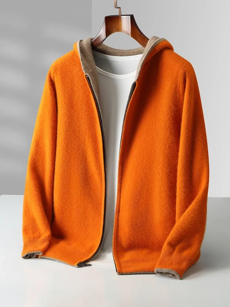 Color: Dark Grey, Size: XXL - Reversible Men's Wool Cardigan Sweater Autumn Winter Hooded  Solid 100% Merino Wool Knitted Casual Simple Man Jackets Thick Warm