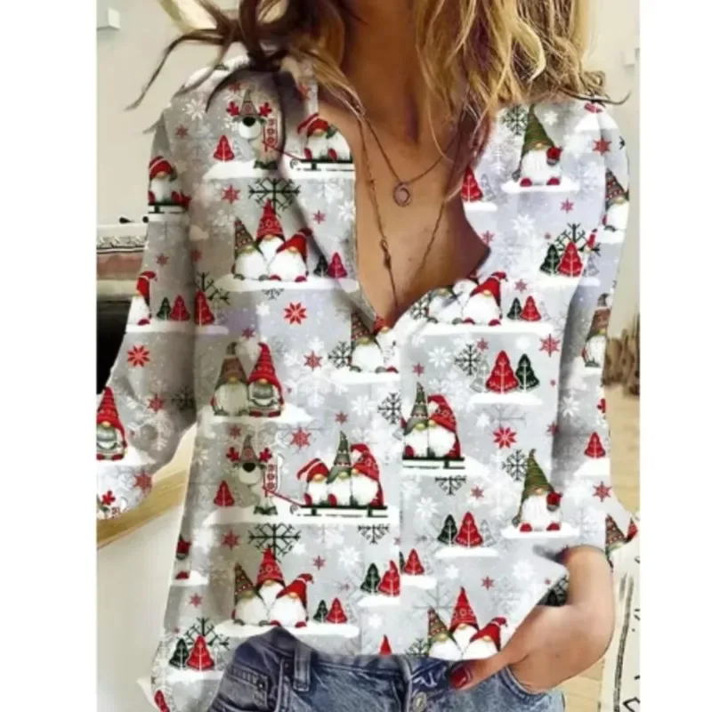 Color: GRAY, Size: XXL, Ships From: CHINA - Women New Christmas Shirt Cute Christmas Tree Santa Claus Print Blouses Casual Long Sleeve Button Tops Autumn Blouses Ladies