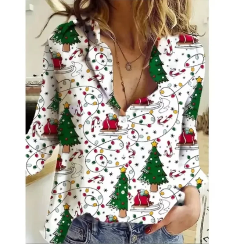 Color: GRAY, Size: XXL, Ships From: CHINA - Women New Christmas Shirt Cute Christmas Tree Santa Claus Print Blouses Casual Long Sleeve Button Tops Autumn Blouses Ladies