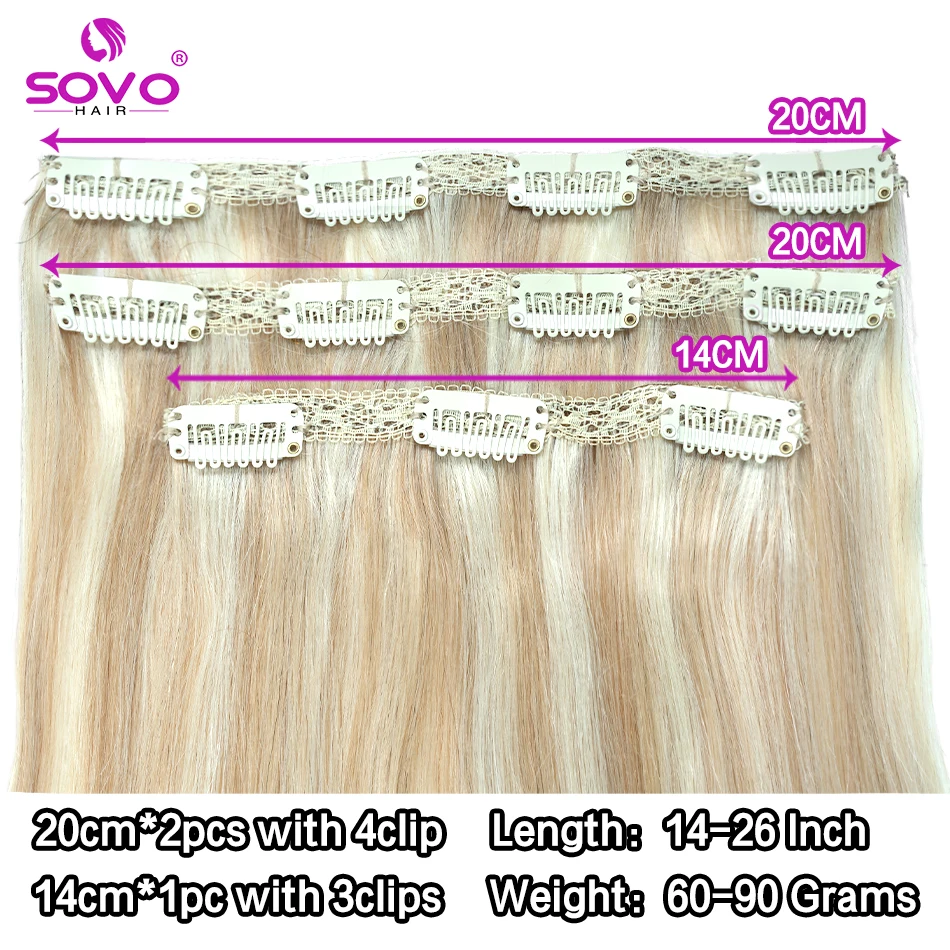 Color: #613, Length: 14 inches - SOVO Clip In Hair Extensions Human Hair 3 Pieces Bone Straight Clip Ins Hair Extension 60-90G Real Natural European Hair 12-26"