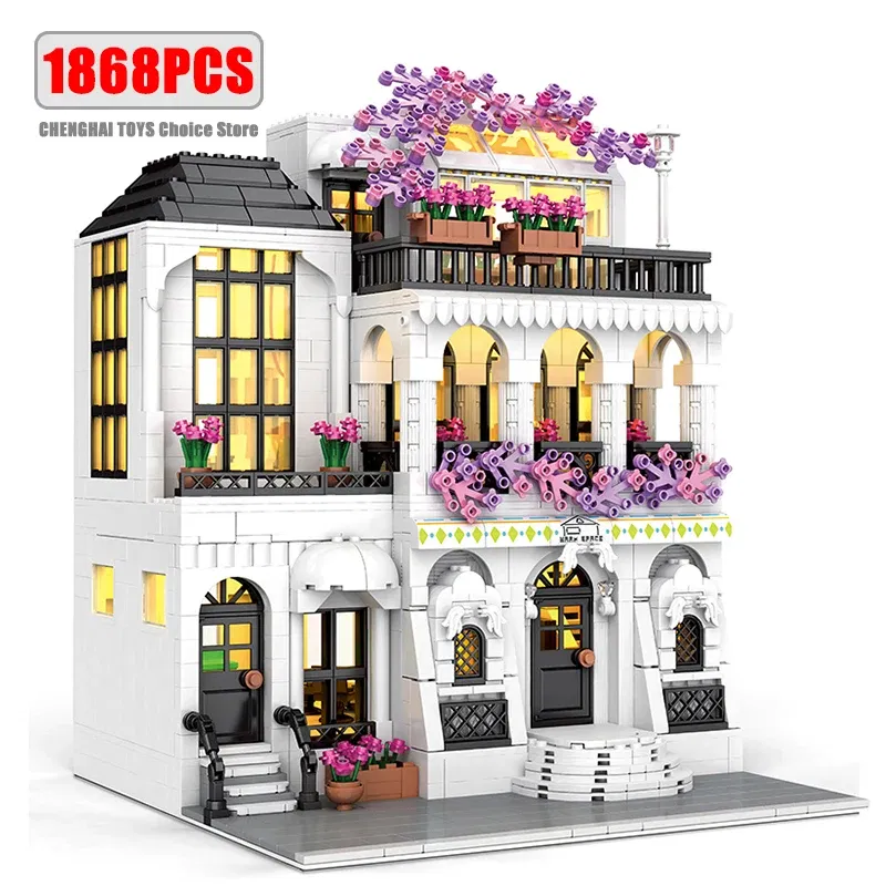 Color: Light Grey - MOC Creative European Architecture Building Blocks Garden Hotel Flower Street Villa Street View Bricks Ideas Toy For Friend Gift
