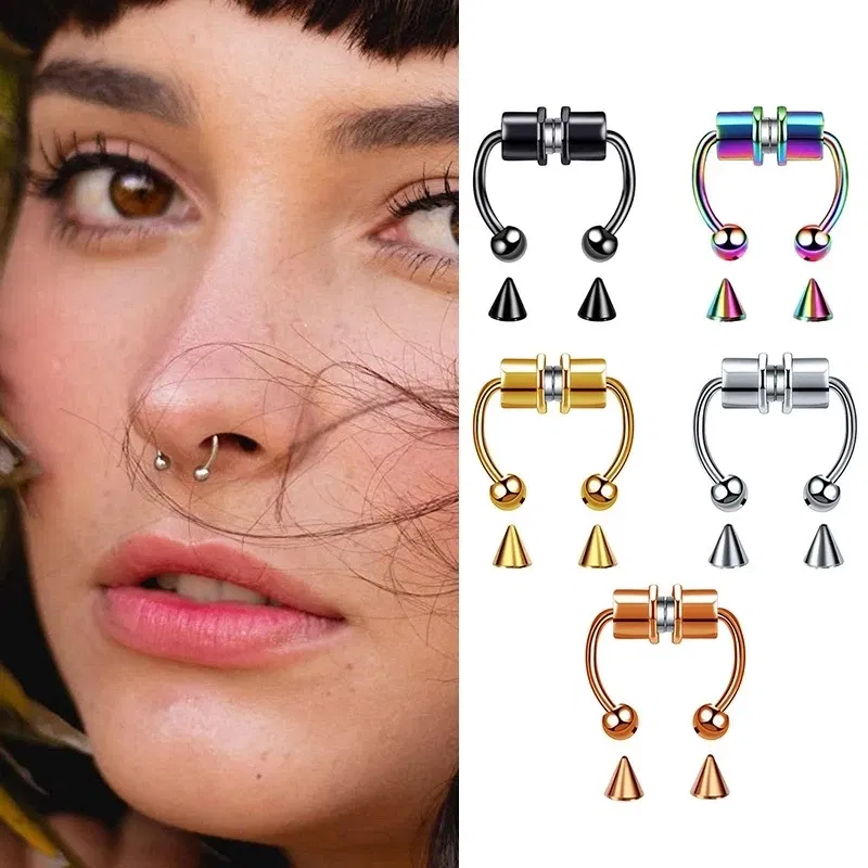 Metal color: Antique Copper Plated - Women Fake Piercing Nose Ring Hoop Septum Non Piercing Nose Clip Rock HipHoop Stainless Steel Magnet Fashion Punk Body Jewelry