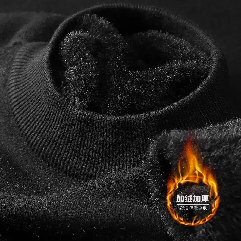 Color: Brown, Size: XXL - Plush Men's Knitted Sweater Turtleneck with Velvet Padded Warm Solid Pullovers Autumn Winter Thick Bottom Casual O-Neck Sweater