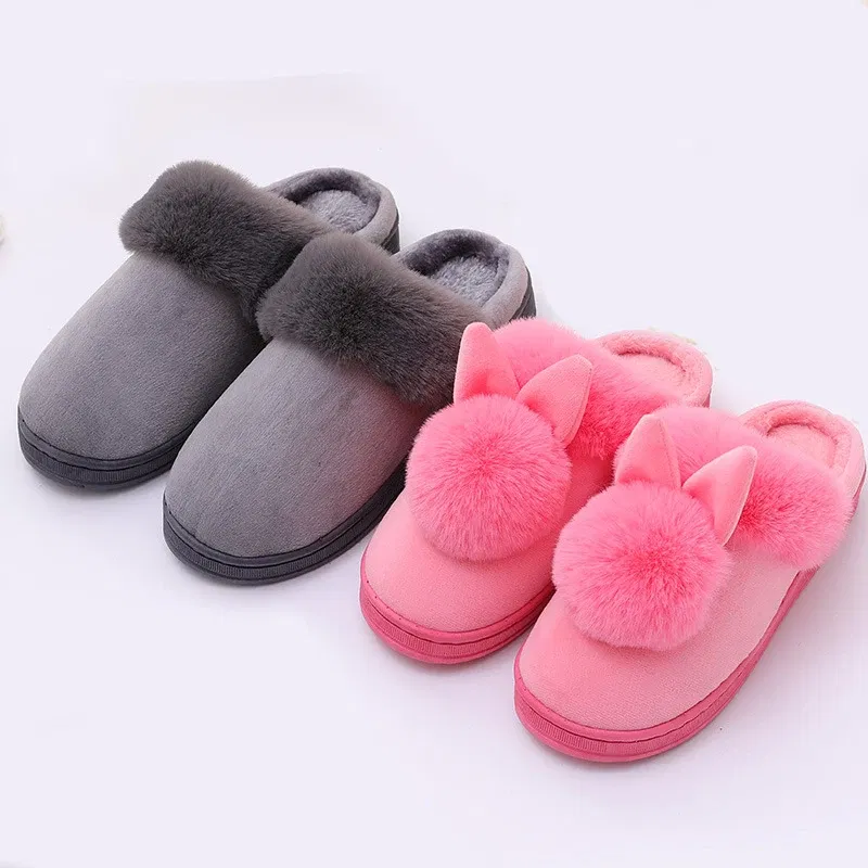 Color: GRAY, Shoe Size: 33 - Women Home Slippers Indoor Bedroom Light Couple Slipper Solid Soft Flip Flops Winter Warm Furry Plush Shoes