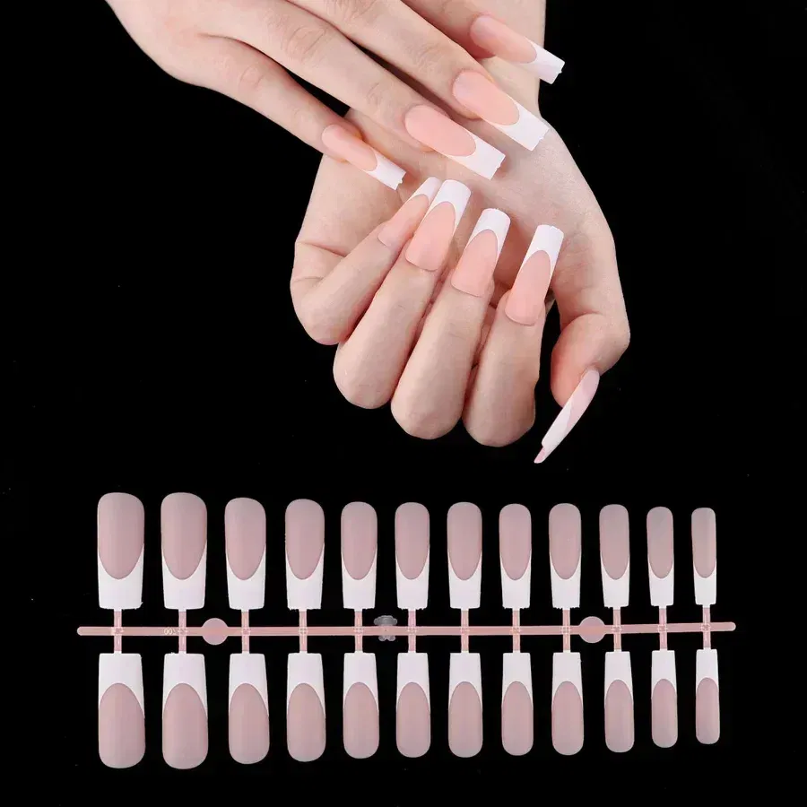 Color: green - 24Pcs/bag French False Nails Frosted Press on Fake Nail Tips Full Cover Artificial Fingernails Ballet Detachable