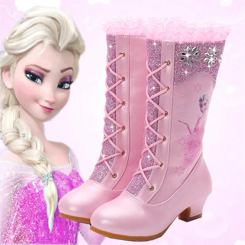 Color: Blue, Shoe Size: 13 - Disney Girls' Leather Boots Winter Frozen Boots Side Zipper High Plush Princess Elsa Boots Warm Children's Boots Size 27-37
