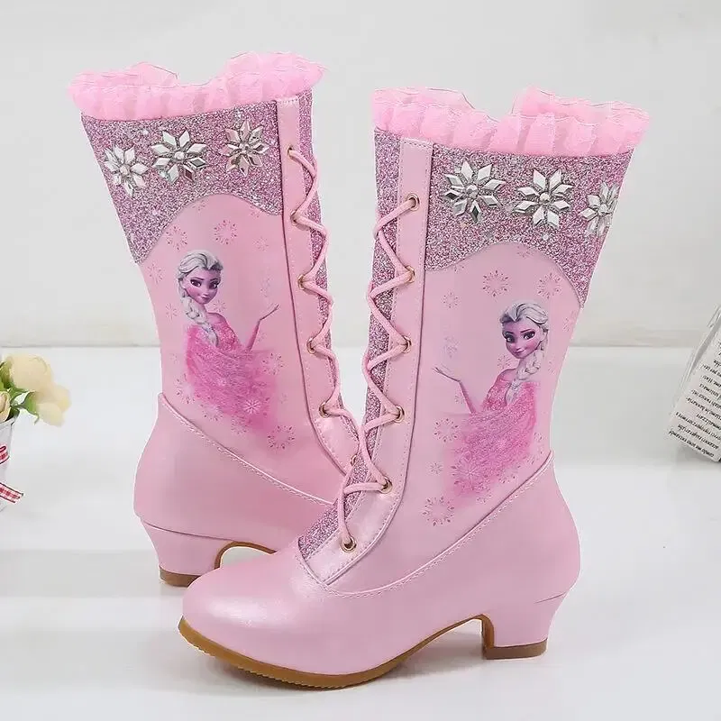 Color: Blue, Shoe Size: 13 - Disney Girls' Leather Boots Winter Frozen Boots Side Zipper High Plush Princess Elsa Boots Warm Children's Boots Size 27-37