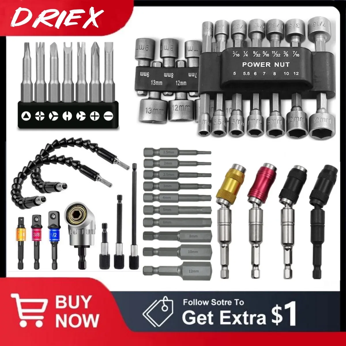 Color: indigo - Flexible Drill Extension Hex Shank Drill Nut Driver Bit Set Bendable Drill Bit Extension+ScrewdriverBit+Universal Socket Adapter