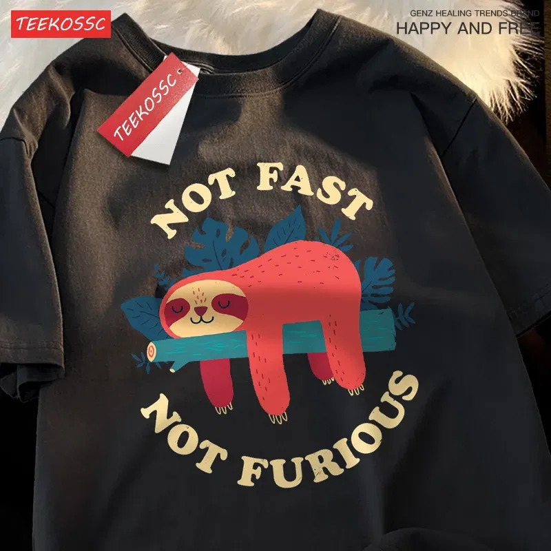 Color: Blue, Size: L - Not Fast Not Furious Cute Sloth Male T Shirts Hip Hop Crewneck Short Sleeve Summer Cotton Tops Casual Sweat Oversized T-Shirts