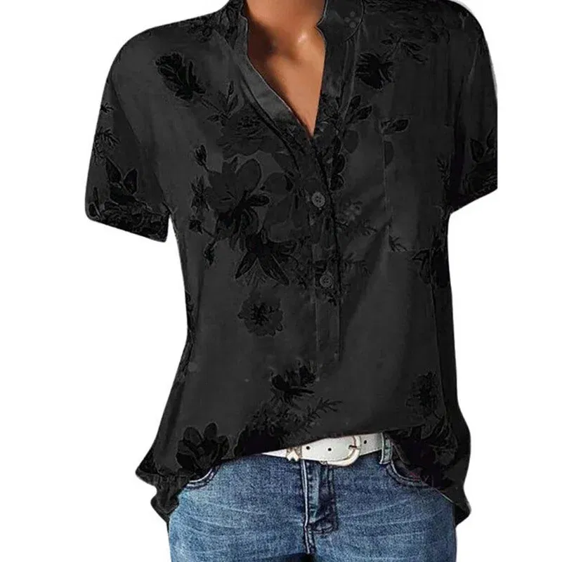 Color: Gold, Size: S - Temperament new women's shirt printing large size casual shirt loose V-neck short-sleeved shirt blouse